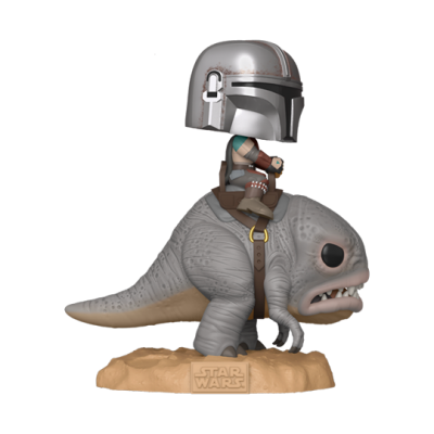 Figura Funko Pop Mandaloriano montado num Bantha sobre base de areia com logo Star Wars