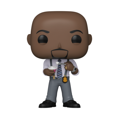 Figura de vinil estilo Funko Pop de homem com camisa branca e gravata azul segurando café e distintivo