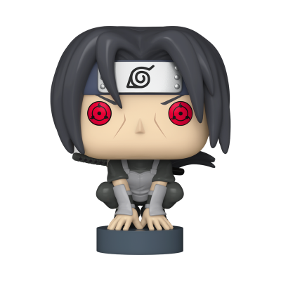 Figura Funko Pop do Sasuke Uchiha ajoelhado com faixa e olhos vermelhos.