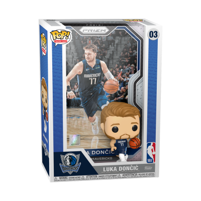 Funko Pop de Luka Dončić com fatos dos Mavericks e bola de basquetebol em caixa
