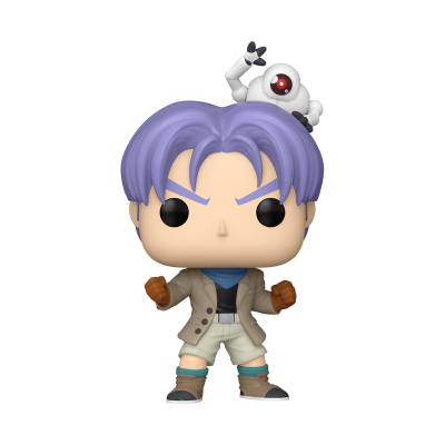 Figura Funko Pop de personagem com cabelo lilás e pequeno robô branco no ombro