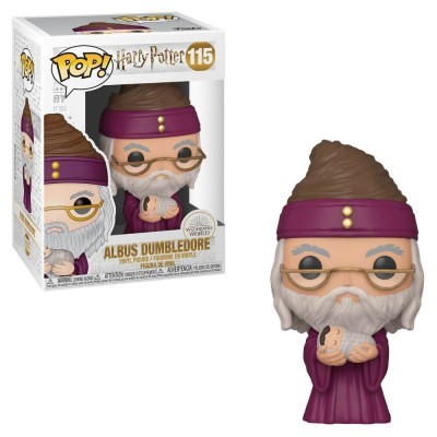 Figura Funko Pop! de Albus Dumbledore com roupa roxa e barba branca na caixa