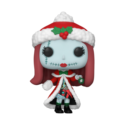 Figura Funko Pop temática de Natal com casaco e chapéu vermelhos e brancos, rosto azul com costuras pretas.