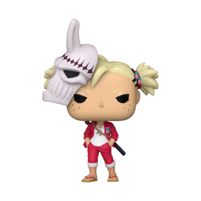 Figura colecionável Funko Pop de personagem com roupa vermelha, branca e máscara branca.