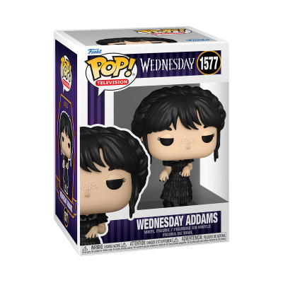Figura POP! Vinil Wednesday Addams com vestido preto na caixa
