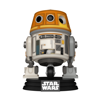 Figura colecionável do robô Chopper de Star Wars com base preta e logo