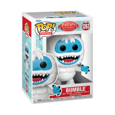 Figura Funko Pop! Bumble do filme Rudolph, embalagem com cores branca e vermelha, personagem azul e branca de vinil