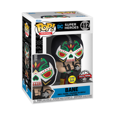 Figura Funko Pop! Bane DC Super Heroes 412 com máscara decorada e embalagem