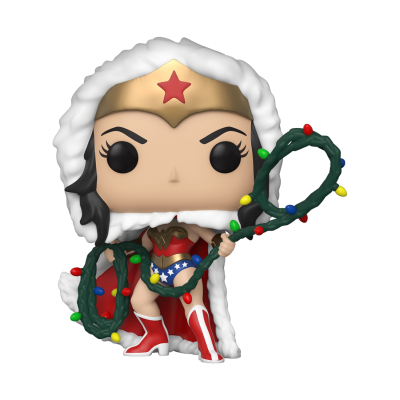 Figura Funko Pop da Mulher Maravilha em roupa de Natal com laços de luzes coloridas