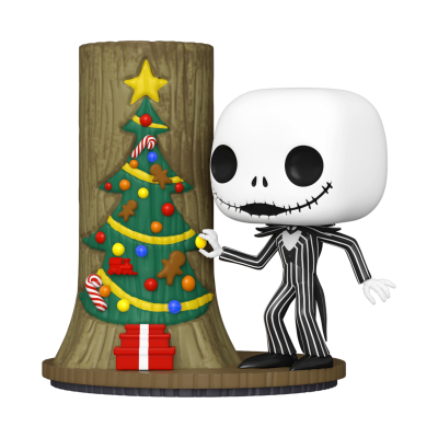 Figura Funko Pop Jack Skellington com árvore de Natal decorada e presente numa base de madeira.