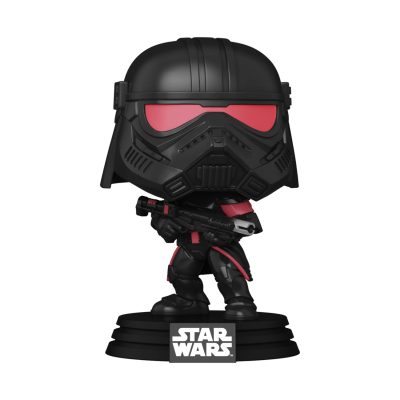 Boneco Funko Pop preto com viseira vermelha e base preta com logo STAR WARS