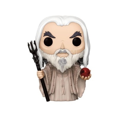 Figura Funko Pop com cabelo branco, túnica bege, segurando tridente e maçã
