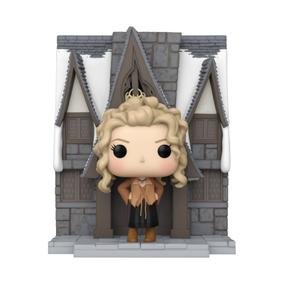 Figura de vinil Funko Pop de personagem feminina com coroa em frente a casa de pedra nevado