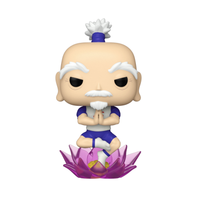 Figura Funko Pop de personagem idoso meditando sobre flor de lótus