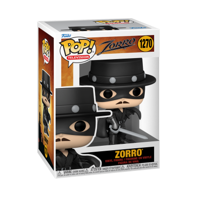 Figura Funko Pop! do Zorro com traje preto e espada na embalagem