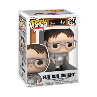 Figura Funko Pop! Dwight The Office com óculos e camiseta cinza dentro da embalagem
