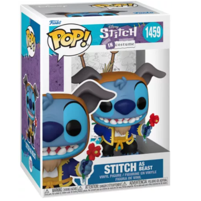 Figura Funko Pop! Vinil Stitch vestido como besta com flor numa caixa display.