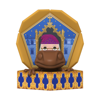 Figura decorativa com mão castanha e fundo dourado com padrão de interior e personagem com óculos e chapéu rosa