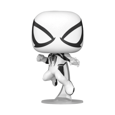 Boneco Funko Pop Homem-Aranha branco com padrões pretos em pose dinâmica