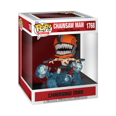 Figura Pop! Deluxe de vinil Chainsaw Man na caixa com desenhos em vermelho e azul.