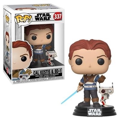 Boneco Funko Pop! Cal Kestis e BD-1 da Star Wars com espada de luz azul e robô branco, em base preta