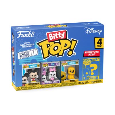 Caixa Funko Pop Bitty com 4 figuras Disney incluindo Mickey, Minnie, Pluto e figura surpresa