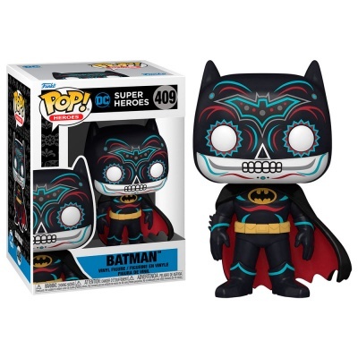 Figura colecionável Funko Pop Batman com máscara decorada e capa vermelha.