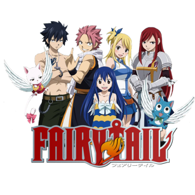 Personagens do anime Fairy Tail com texto do título em vermelho
