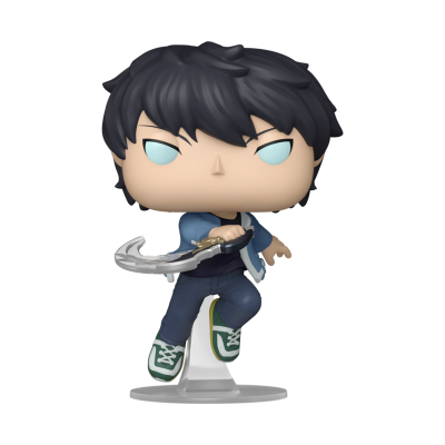 Figura colecionável Funko Pop personagem masculino cabelo preto olhos azul claro roupa azul e sapatilhas verdes e brancas com arma prateada