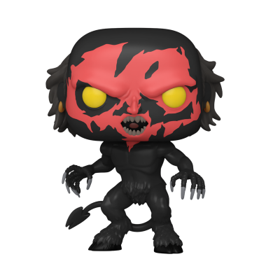 Funko Pop com rosto vermelho e preto, olhos amarelos e corpo peludo preto