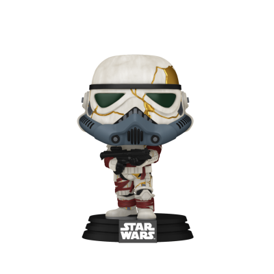 Funko Pop Star Wars com capacete branco e dourado, uniforme branco com vermelho e arma preta