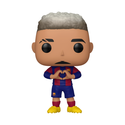 Figura Funko Pop de jogador de futebol com uniforme do FC Barcelona e chuteiras amarelas