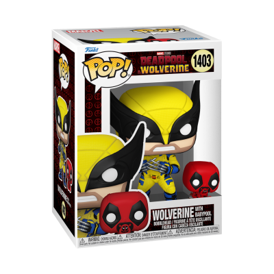 Funko Pop! Wolverine com Babypool em caixa transparente com texto Deadpool Wolverine e número 1403
