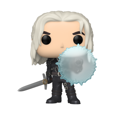 Figura colecionável Funko Pop com cabelo branco e roupas pretas, segurando espada e escudo azul translúcido