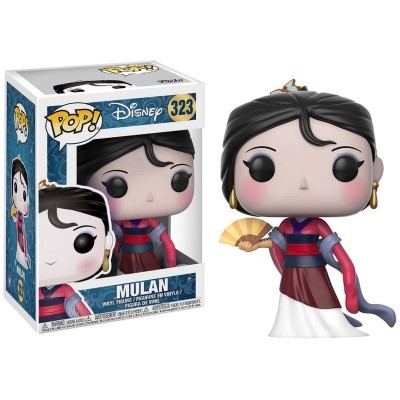 Figura Pop! Disney de vinil Mulan com vestido tradicional e leque ao lado da sua caixa
