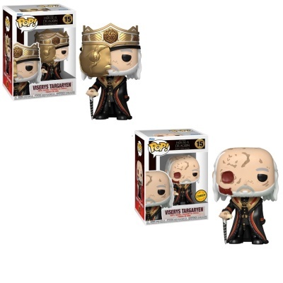 Dois bonecos Funko Pop! de Viserys Targaryen da série House of the Dragon com caixas