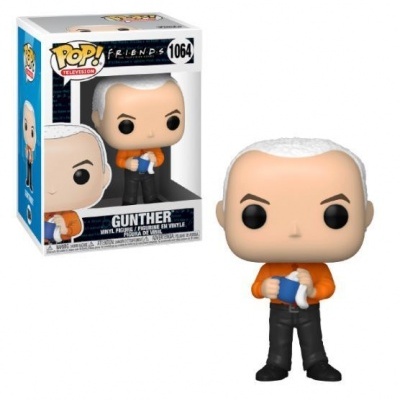 Boneco Funko Pop Gunther de Friends com camisa laranja e caneca segurada