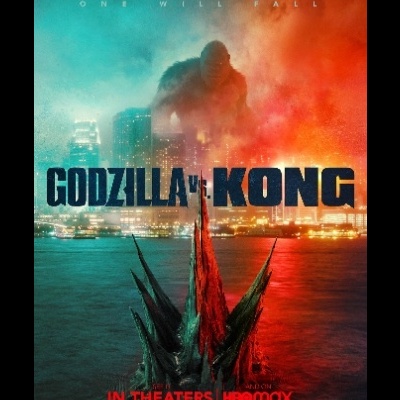 Pôster do filme Godzilla vs. Kong com título e data, fundo de cidade iluminada em azul e vermelho
