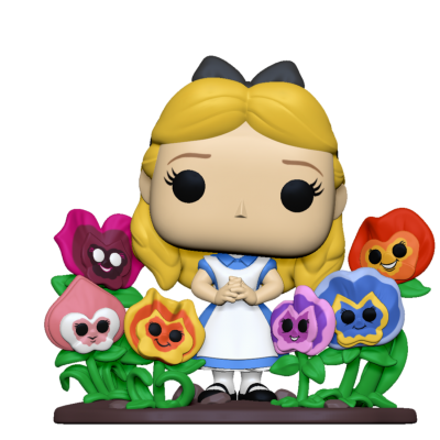 Figurina Alice em estilo Funko Pop com flores coloridas ao redor
