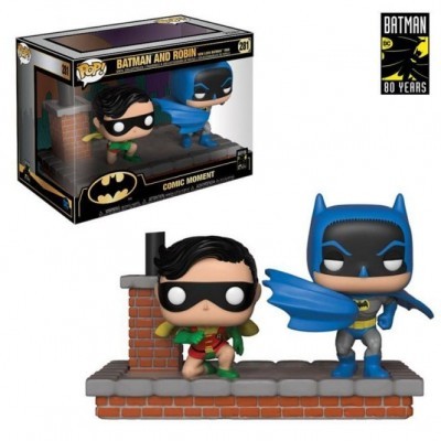 Figura Funko Pop! Batman e Robin com base de tijolos em caixa