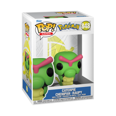 Funko Pop! Pokémon Caterpie número 848 em embalagem branca com janela transparente