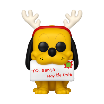 Figurinha de cão amarelo com chifres e envelope para o Pai Natal