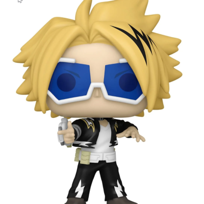 Figura Funko Pop com cabelo amarelo e óculos azuis com roupas pretas e brancas