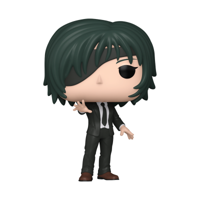 Figura de vinil Funko Pop com cabelo verde, roupa preta e gravata branca, tapa-olho e mão levantada
