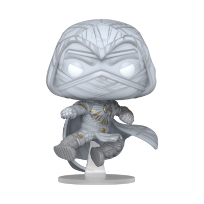 Figura Funko Pop personagem com traje branco e cinza, detalhes dourados e máscara, em pose dinâmica