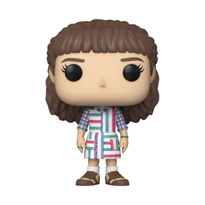 Figura Funko Pop feminina com cabelo castanho e vestido colorido