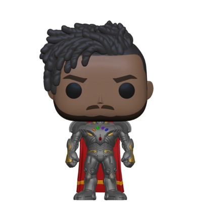 Figura Funko Pop masculina com armadura cinza e capa vermelha