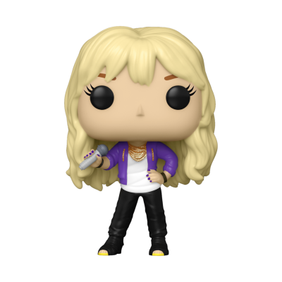 Boneco Funko Pop com cabelo loiro, casaco roxo e microfone