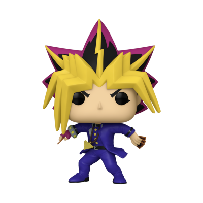 Figura Funko Pop do personagem Yugi Muto com cabelo amarelo e preto e fato azul