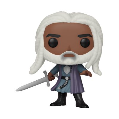 Figura Funko Pop com túnica azul, capa roxa, cabelo e barba brancos e espada cinzenta